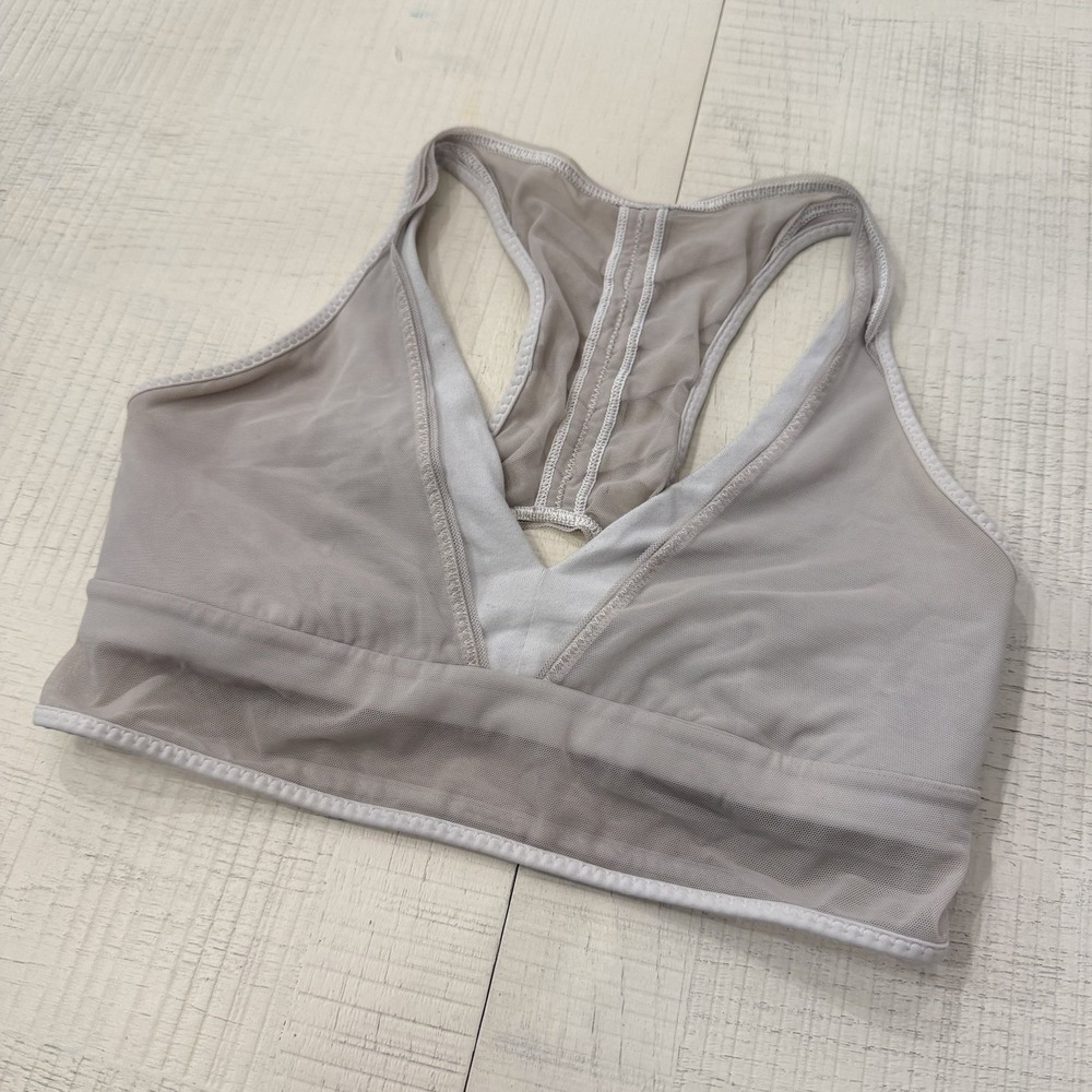 LULULEMON Plunge Sports Bra Size 6 Small Mesh Layer Grey White Cross Back Top